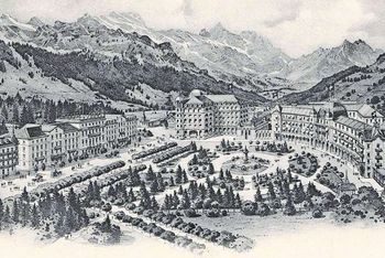 Zeichnung zur Eröffnung des neuen Grand Hotels Winterhaus 1905: In der Mitte ist das Grand Hotel zu sehen, links davon das Hotel Titlis, rechts die Kuranstalt. 